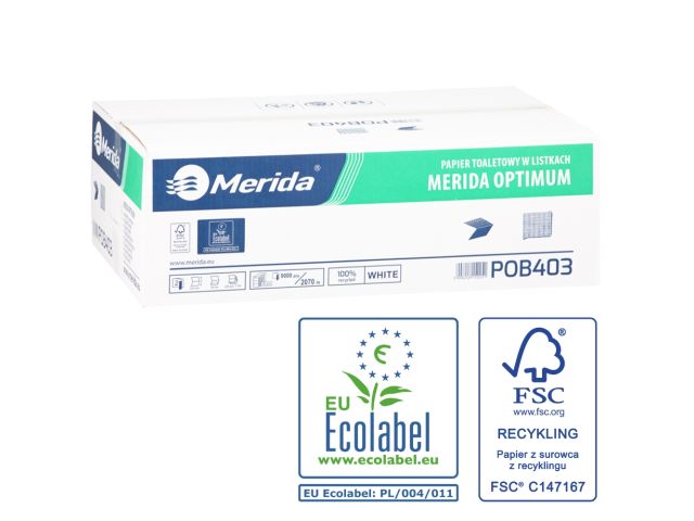 Papier toaletowy w listkach MERIDA OPTIMUM, biały, dwuwarstwowy, karton 9000 szt., ECOLABEL